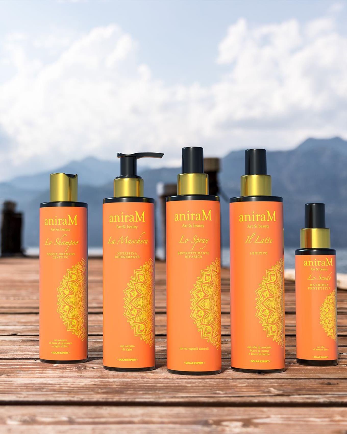 Linea solari aniraM The Perfect Sun Care: i cinque prodotti su un pontile sul lago